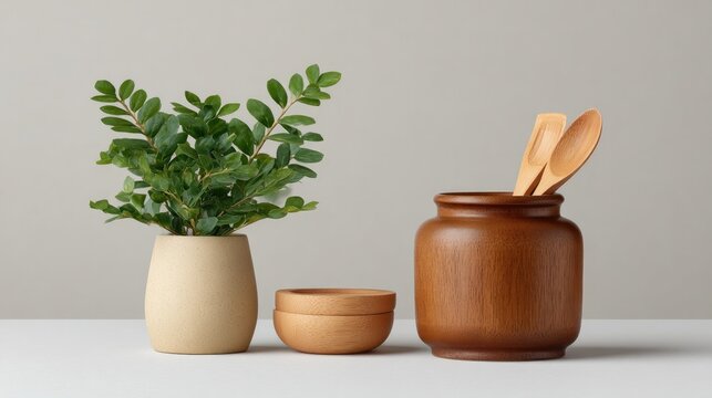 neatly organized collection of handcrafted eco-friendly products displayed on plain surface with ample copy space