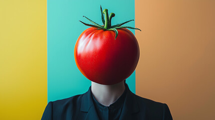 Creative portrait of a person with a tomato for a head in vibrant colors