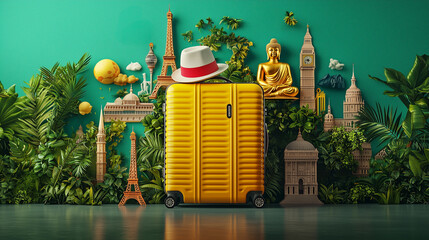 Lively travel scene with a suitcase, hat, and famous landmarks backdrop