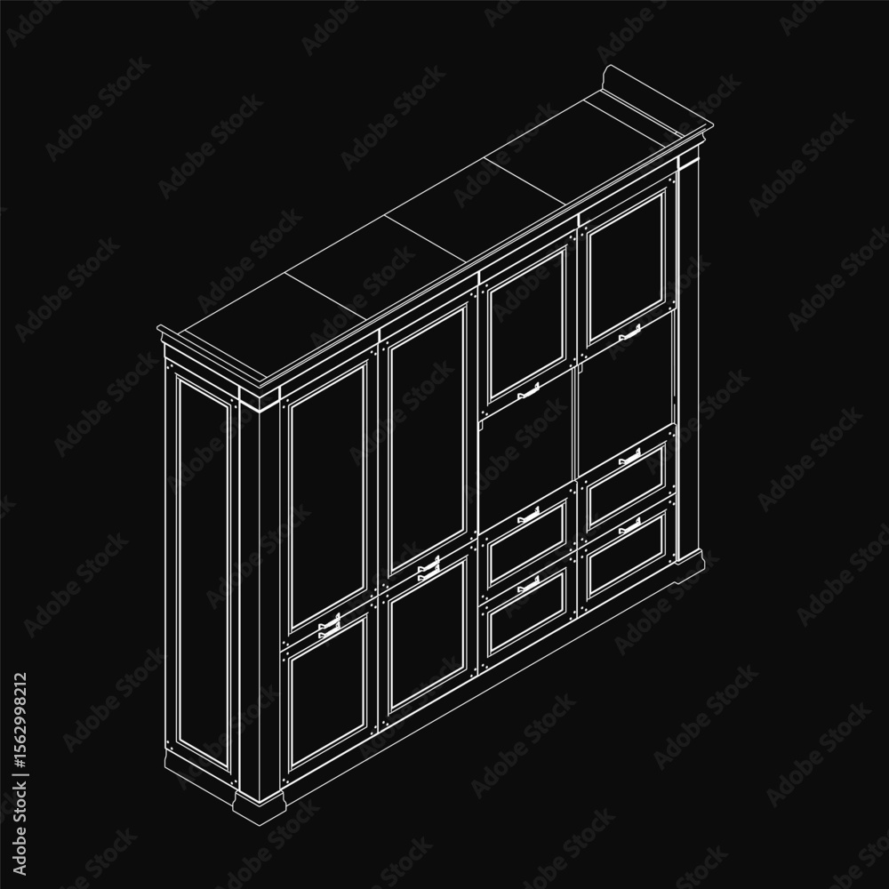 Poster black and white 3d cad model of a bookcase with functional drawers, designed for free download. the 