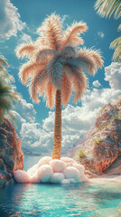 Vibrant tropical landscape featuring a palm tree and serene waters