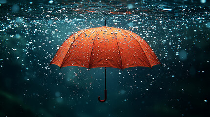 Bright orange umbrella submerged in water surrounded by bubbles