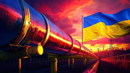 Ukrainian flag waves beside vibrant gas pipeline at sunset in rural landscape