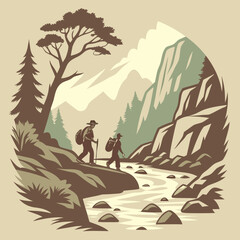 Two hikers with backpacks walk along a rocky riverbed in a mountainous landscape