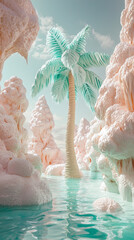 Beautiful tropical landscape with colorful formations and palm tree