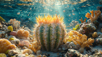 Vibrant underwater ecosystem featuring a cactus and colorful corals