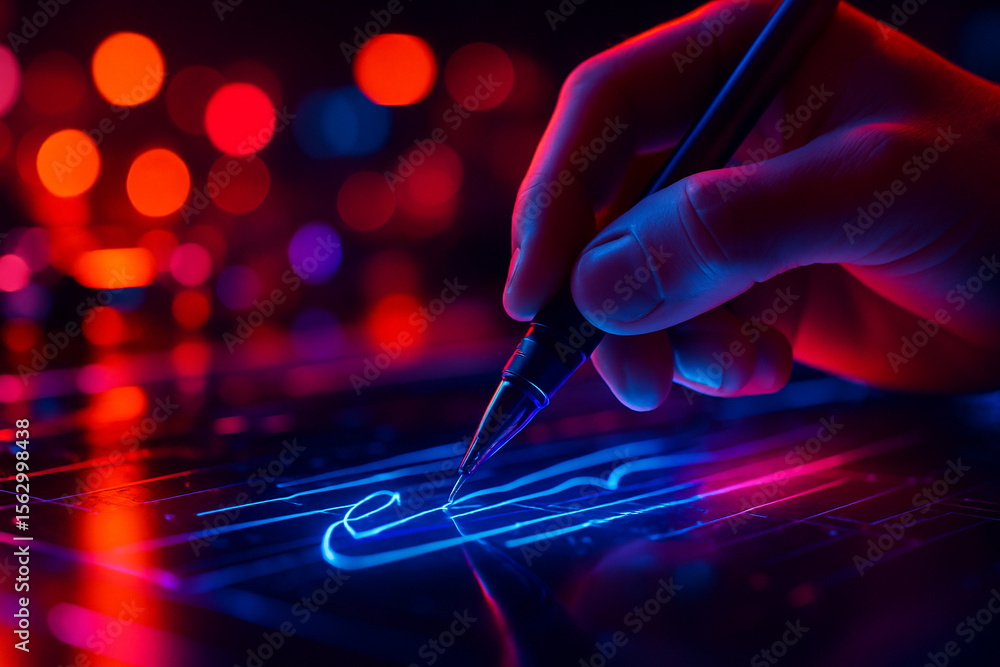 Aufkleber ai generated a close up of a right hand using a stylus to interact with a glowing holographic digita