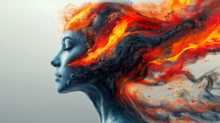 Creative artwork featuring a woman with fiery hair and abstract elements