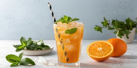 Fototapeta premium Refreshing orange juice with mint and ice in a tall glass with oranges