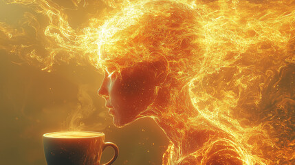 Woman with fiery hair contemplates hot beverage in a mystical setting