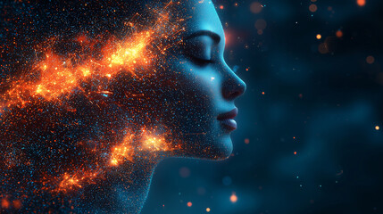 Woman dreaming amidst a cosmic explosion of colors and lights