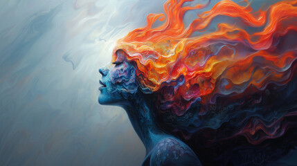 Vibrant woman with flowing fiery hair surrounded by ethereal colors