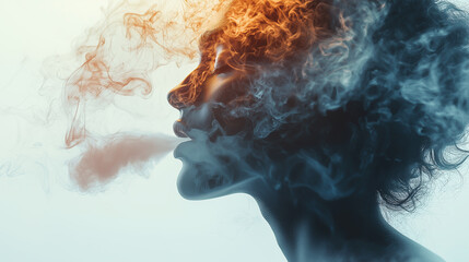 Portrait of a woman exhaling smoke with vivid colors at sunset