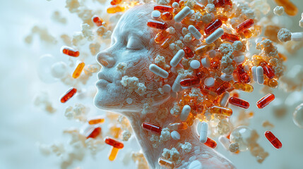 Abstract woman's head with capsules and popcorn for mental health