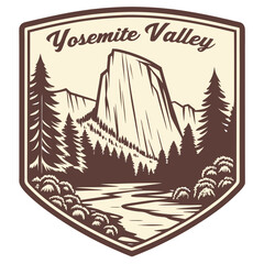 Vintage yosemite valley emblem with half dome and merced river scene