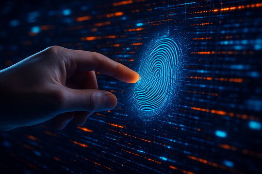AI generated digital artwork showing a human finger touching a glowing fingerprint on a cyber interface symbolizing biometric authentication technology in a high-security futuristic system