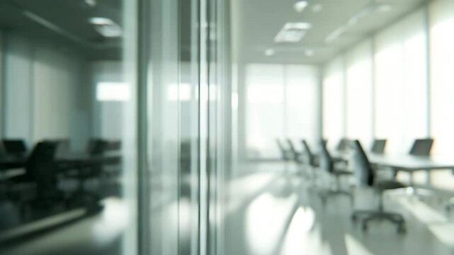 Modern office interior featuring glass walls, ergonomic chairs, and long table in bright workspace designed for business meetings and professional atmosphere