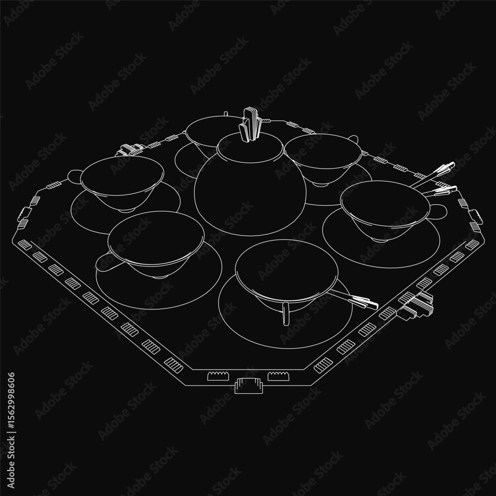 Aufkleber a black and white drawing of a tea set with cups and saucers neatly arranged on a table. the dark ba