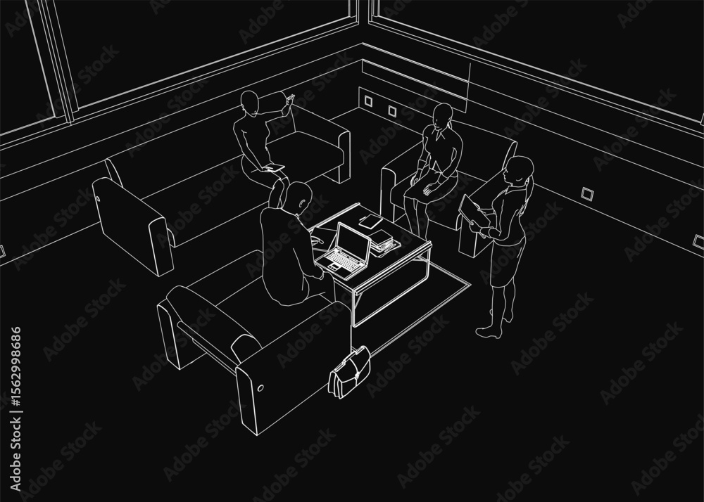 Poster a black and white contour drawing depicts a group of people gathered around a table in a cozy room. 