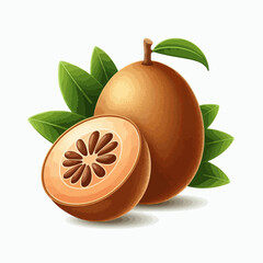 Vibrant digital illustration of a sapodilla fruit, whole and sliced, with lush green leaves.  The fruit is rendered with realistic detail.
