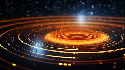 Fototapeta premium Multiple rotating data rings in vibrant orange, floating in concentric alignment with fading binary trails.