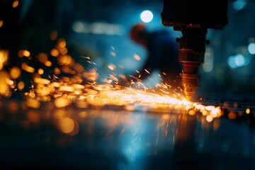 A laser cutter emitting sparks cutting a metal sheet with a blurred figure in the background