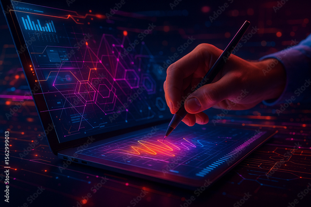 Poster ai generated a hand using a stylus on a glowing digital tablet connected to a laptop with holographi
