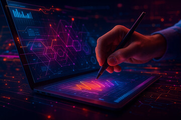 AI generated a hand using a stylus on a glowing digital tablet connected to a laptop with holographic graphs vibrant neon elements and futuristic interface representing creative high tech innovation