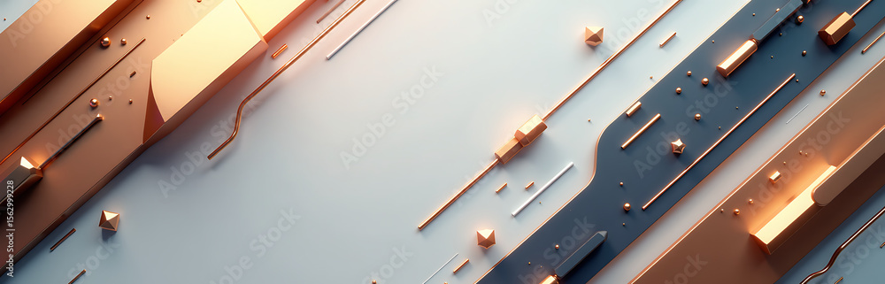 Poster design features geometric abstract background metallic accents color gradients mix shapes including lines