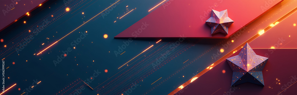 Poster design features geometric abstract background metallic accents color gradients mix shapes including lines