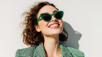 Naklejka premium Cheerful woman in green sunglasses and checkered blazer, smiling confidently against a bright white background.