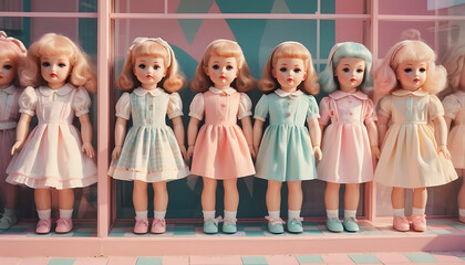 Row of Vintage Dolls in Pastel Dresses, Retro Toy Shop Display