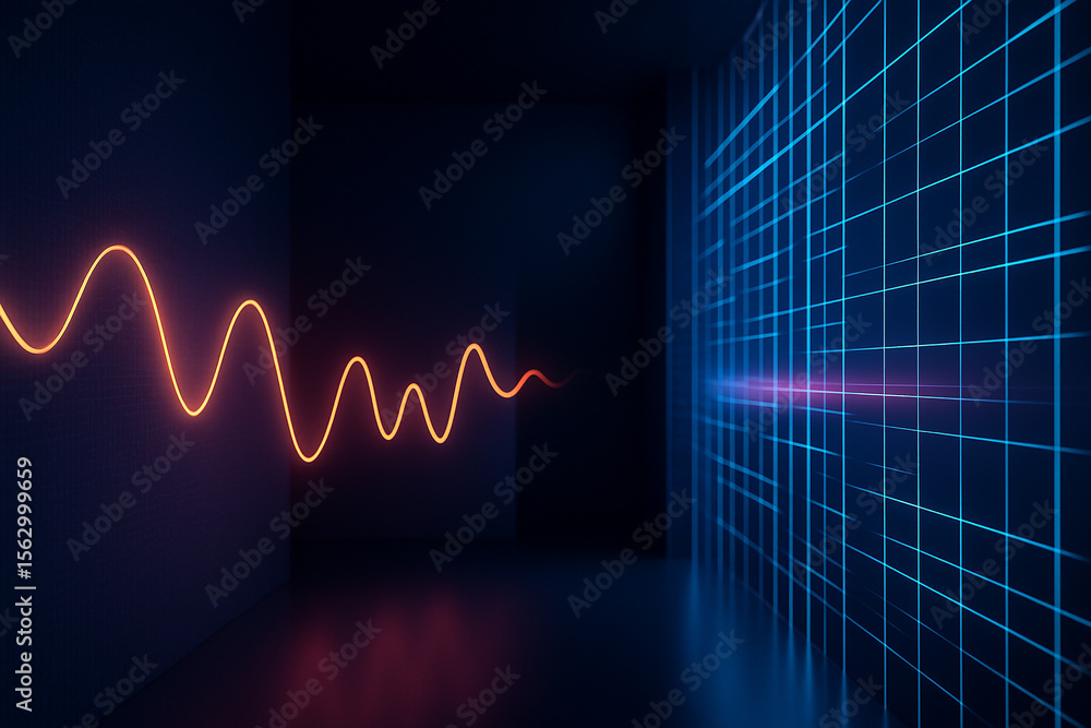 Poster ai generated abstract sci-fi scene showing a glowing pink energy waveform traveling through a digita