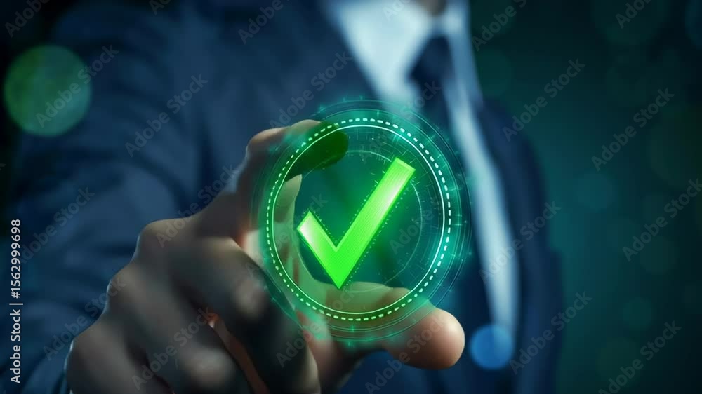 Poster a man is pointing to a green check mark on a screen. concept of approval or satisfaction
