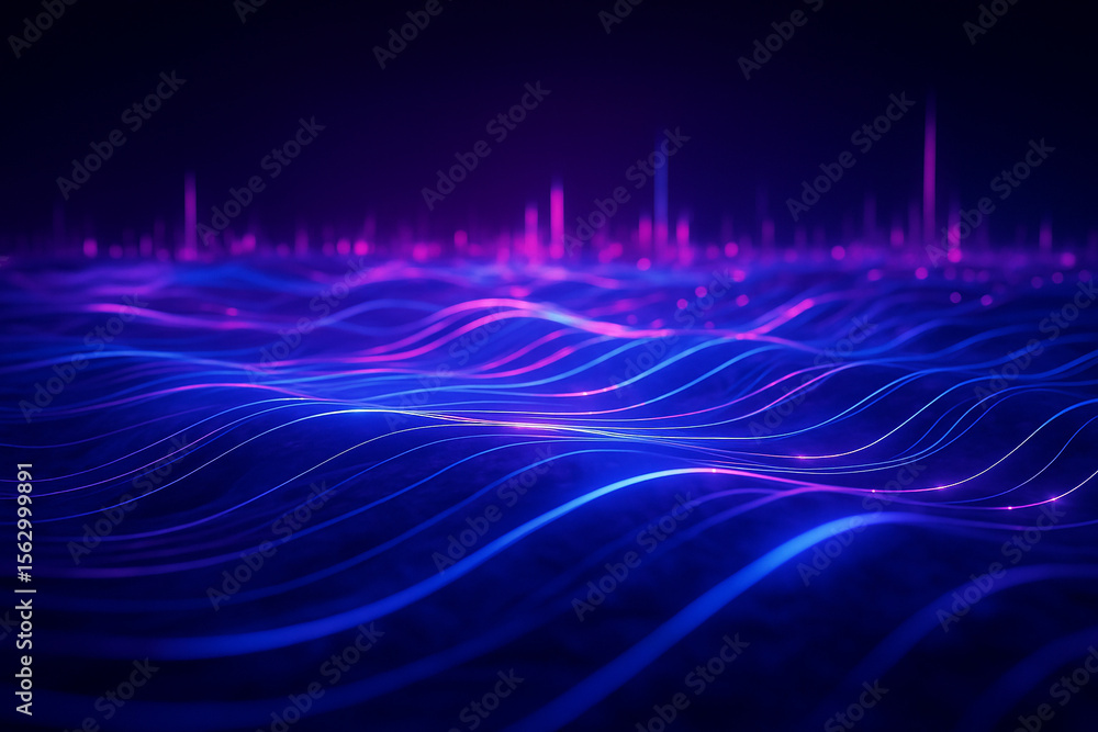 Poster ai generated abstract sci fi landscape of glowing blue and purple waves representing flowing energy 