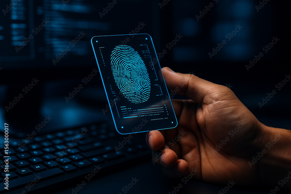 Poster ai generated futuristic scene showing a closeup of a human hand interacting with a transparent digit