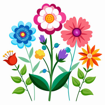 Vibrant Flat-Lay Floral Bouquet:  Joyful Springtime Flowers, Colorful Modern Design, White Background.