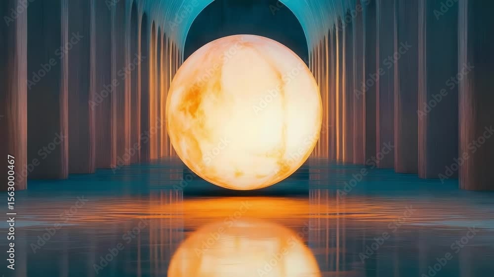 Poster a large glowing sphere is positioned at the end of a corridor lined with columns, reflecting on a sh