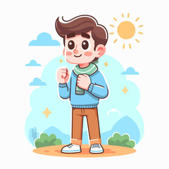 Fototapeta premium Cheerful cartoon boy in casual attire, positioned in a warm weather scenery. He is smiling and stands in a serene landscape with a sunny sky.