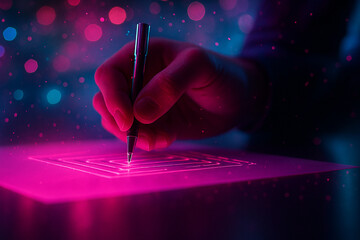 AI generated a human hand holding a stylus drawing on a glowing pink and blue digital surface surrounded by colorful bokeh lights in a futuristic sci fi atmosphere