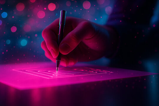 AI generated a human hand holding a stylus drawing on a glowing pink and blue digital surface surrounded by colorful bokeh lights in a futuristic sci fi atmosphere - Powered by Adobe