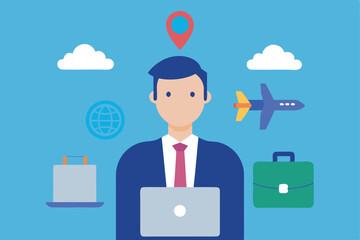 A successful businessman uses technology to connect with people and manage data in the cloud, symbolizing modern communication and innovative web concepts