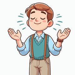 Cartoon illustration of a pleasant young male character, with an open-arms posture and a peaceful facial expression.  He is dressed in classic, light-colored clothing.