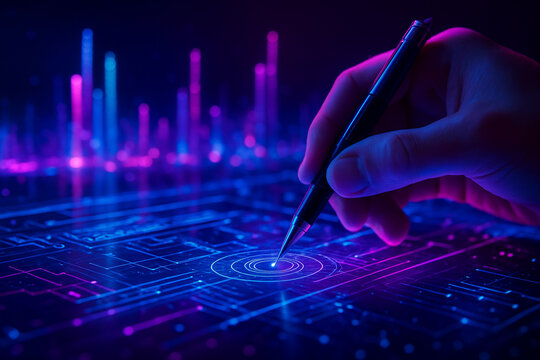AI generated a close up of a human hand using a digital stylus to draw complex interactive holographic elements on a glowing futuristic interface with cyber data background