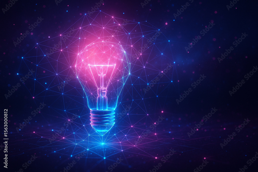 Poster ai generated a glowing holographic lightbulb floating in a digital space filled with connected light