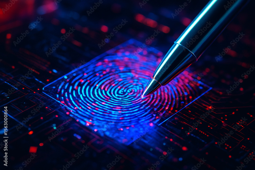 Poster ai generated digital stylus touches a glowing fingerprint hologram on a futuristic circuit board sym