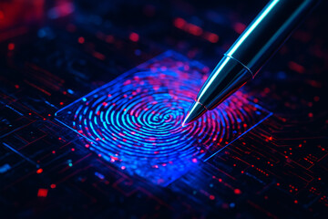 AI generated digital stylus touches a glowing fingerprint hologram on a futuristic circuit board symbolizing biometric authentication and cyber technology precision