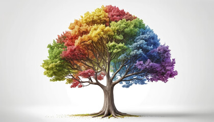 Vibrant rainbow-colored tree symbolizing diversity, unity, and pride, each branch showcasing a spectrum of colors celebrating inclusivity and love. AI generated.