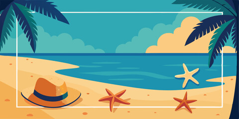 Obraz premium Tropical beach paradise with palm trees, a summer sky, and clear ocean water