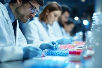 Scientists in lab coats wearing blue gloves working with blue  pink beads